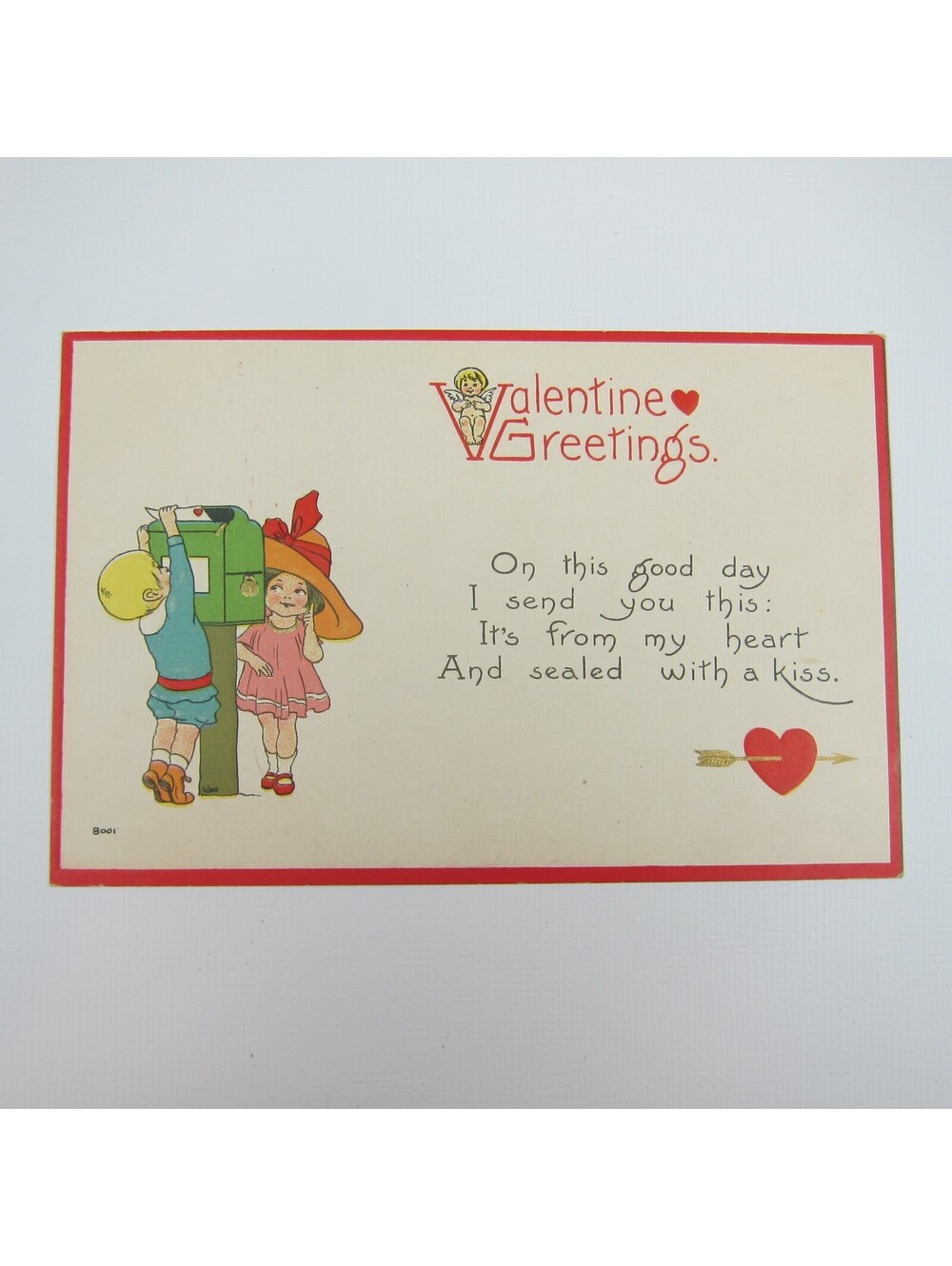 Postcard Valentine Greeting Blonde Boy Blue Girl Pink Dress Bergman Antique 1913